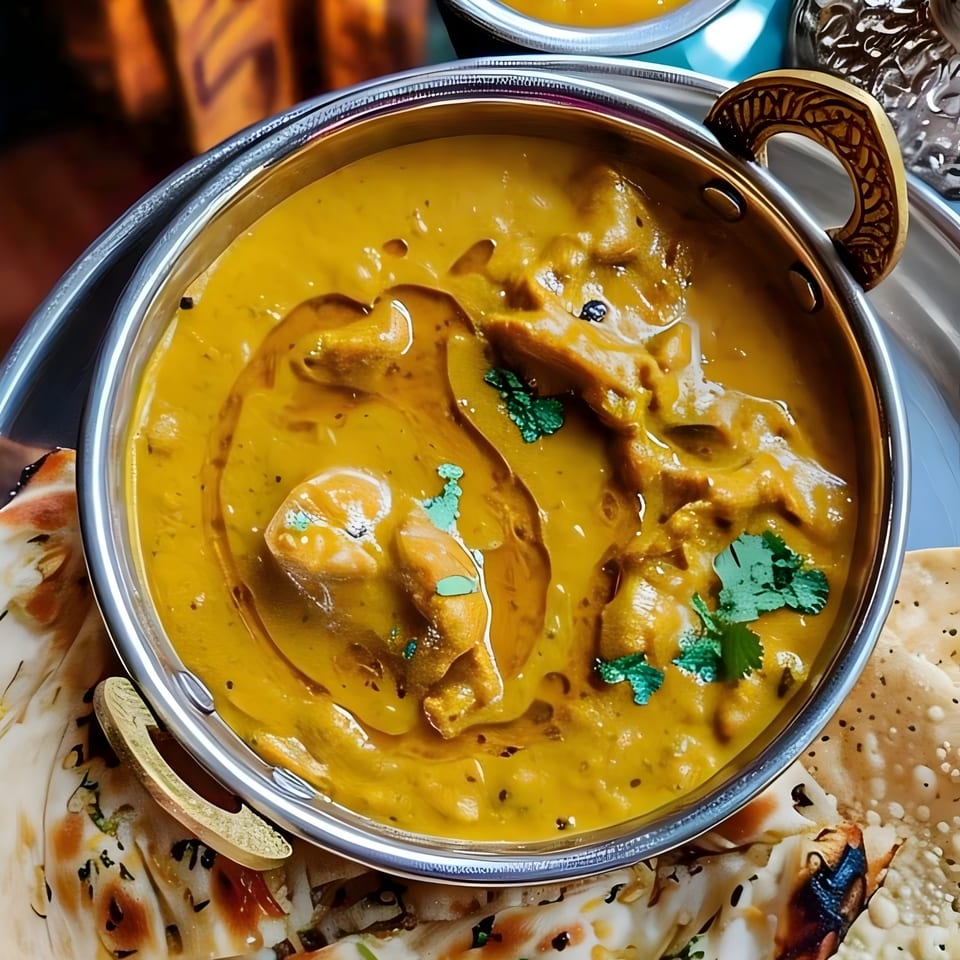 A close-up of Royal India Palace's chicken curry, garnished with cilantro, served with naan and papadum.